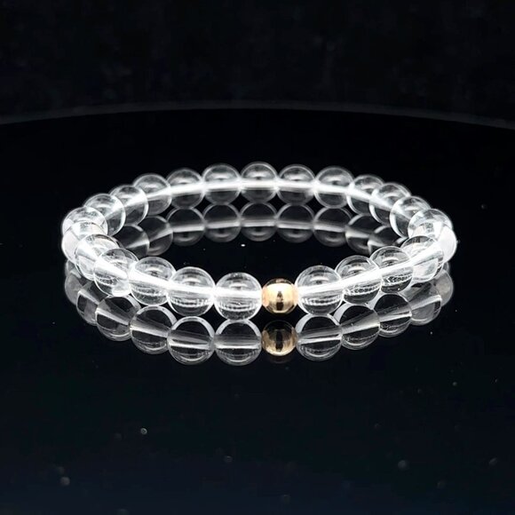 Gemstones Clear Quartz 6mm Stretchable Bracelet 14k Gold Bead Charm - Picture 1 of 5